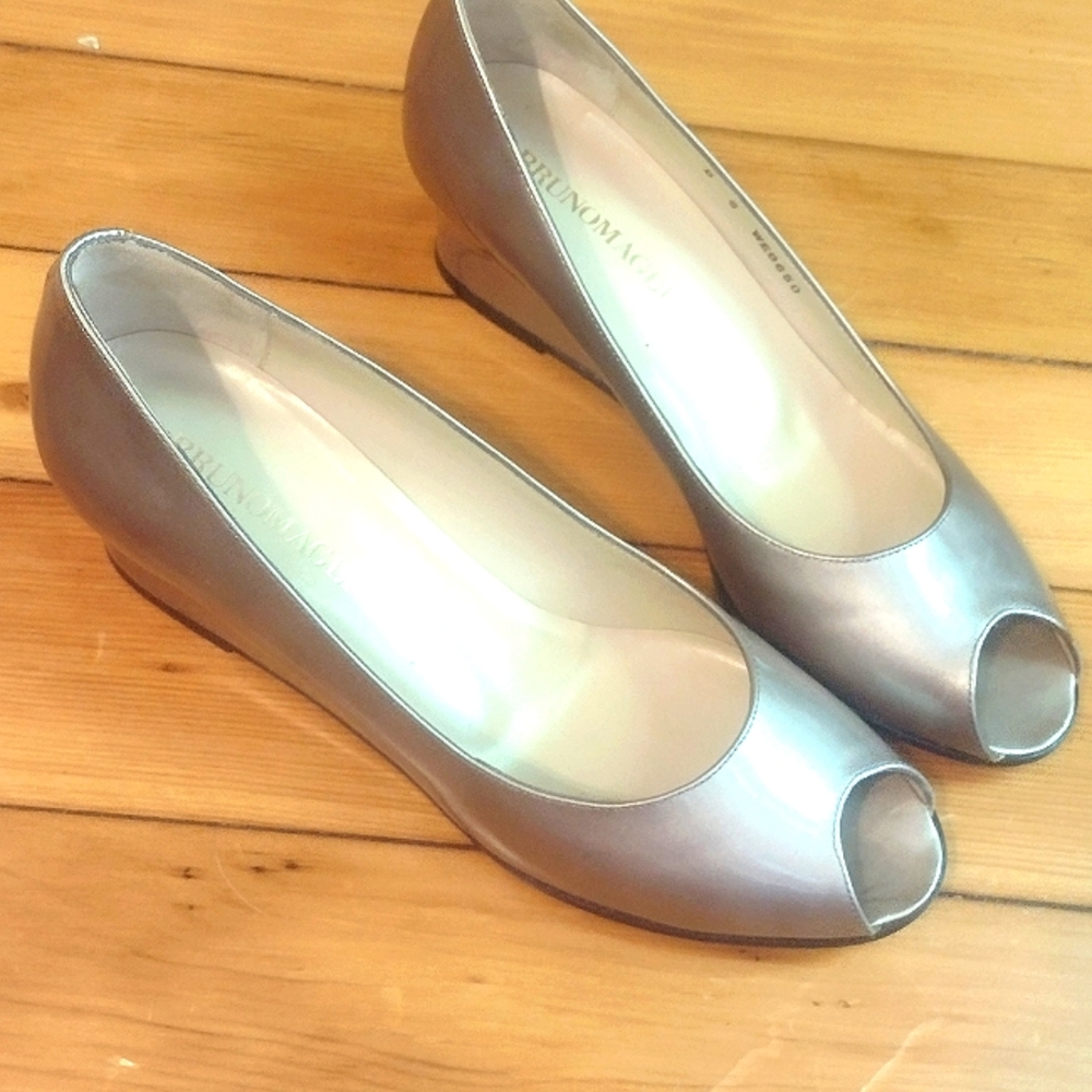 Bruno Magli peep toe wedge heel in pewter